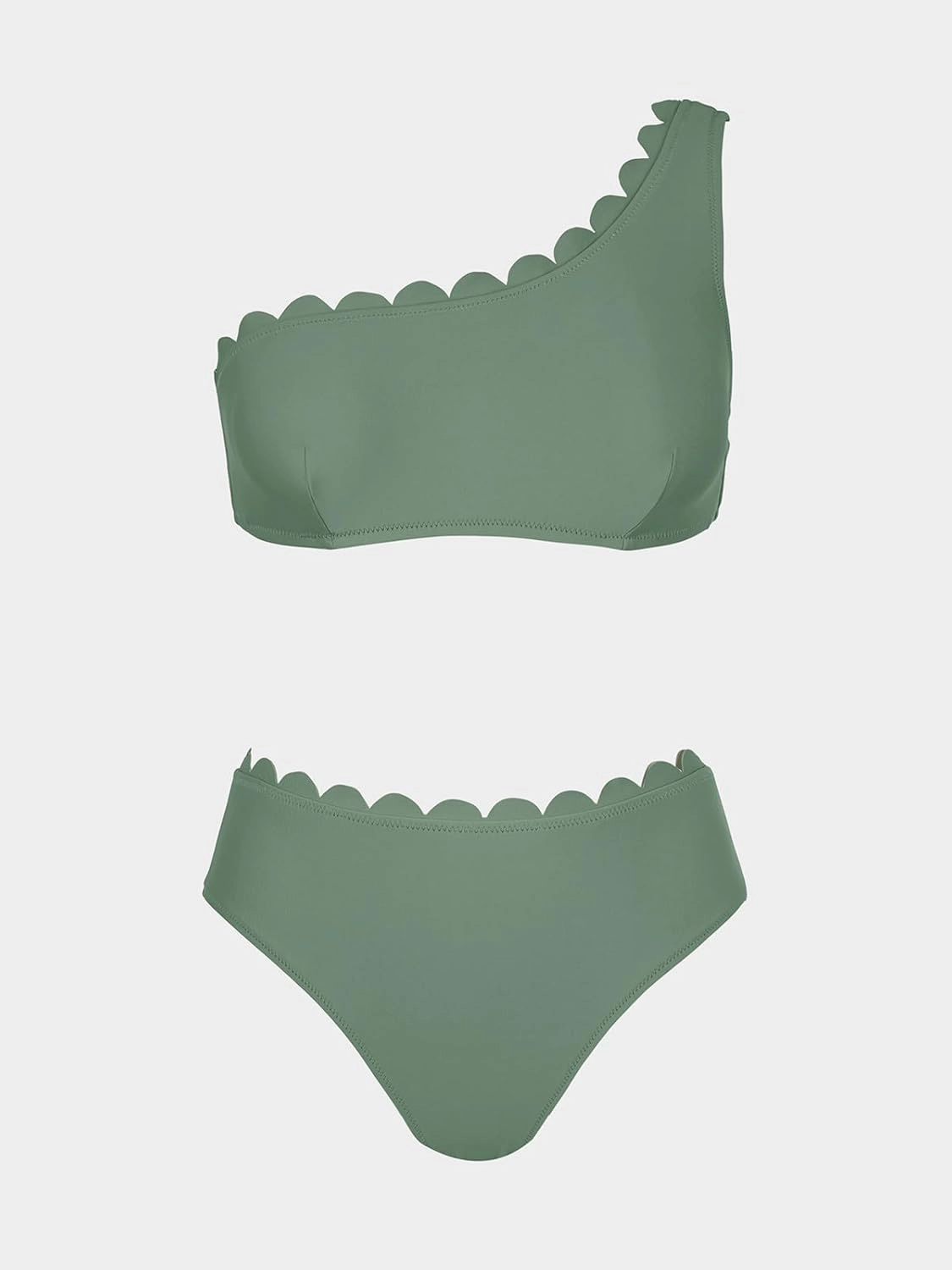 CUPSHE Women's Bikini Sets Two Piece Bathing Suit One Shoulder Mid Rise Scalloped Wide Strap Back Hook
