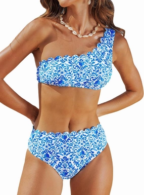 CUPSHE Women's Bikini Sets Two Piece Bathing Suit One Shoulder Mid Rise Scalloped Wide Strap Back Hook
