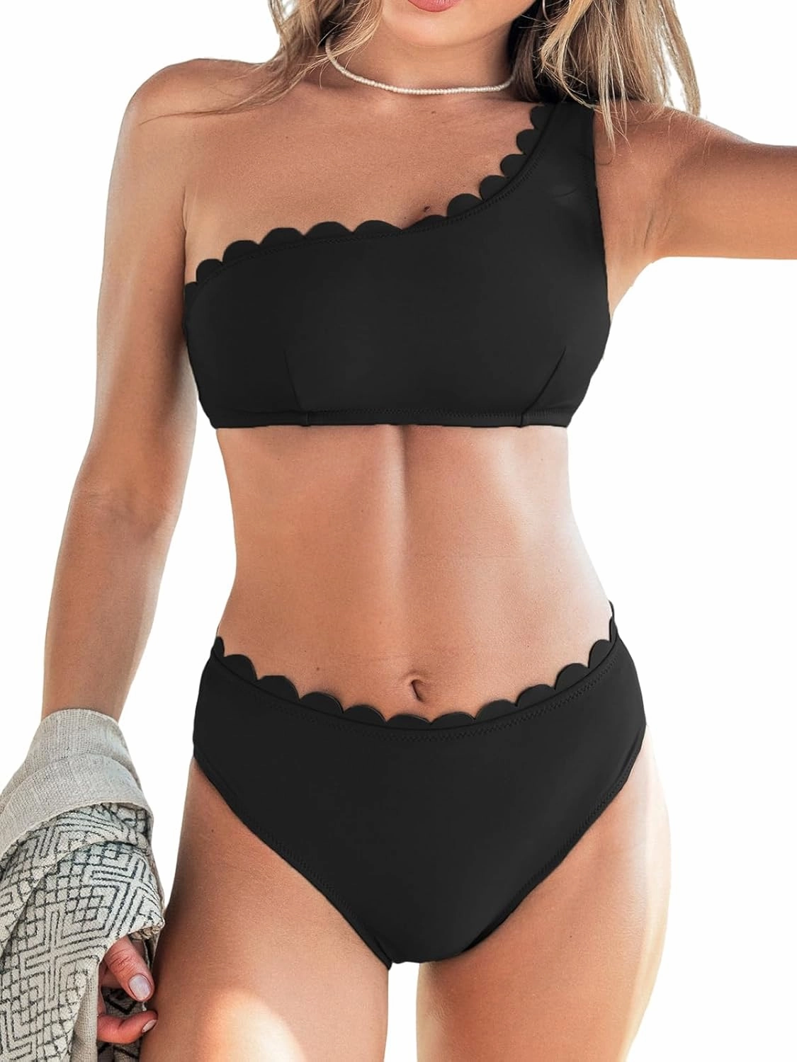 CUPSHE Women's Bikini Sets Two Piece Bathing Suit One Shoulder Mid Rise Scalloped Wide Strap Back Hook