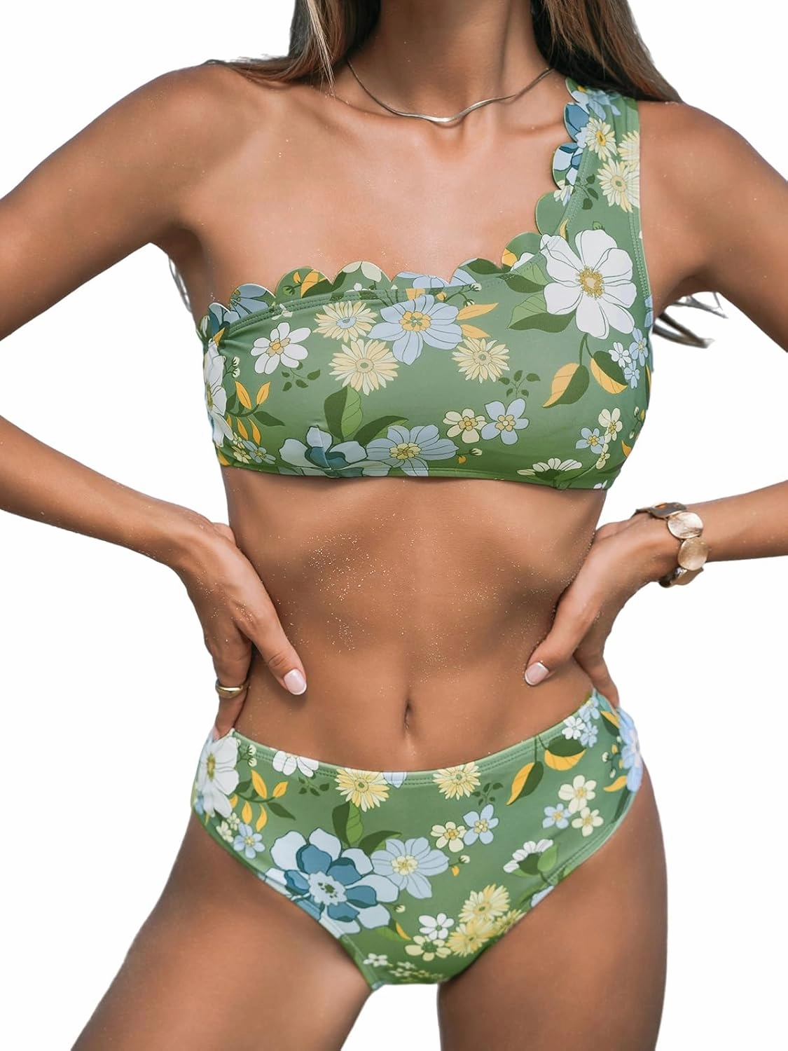 CUPSHE Women's Bikini Sets Two Piece Bathing Suit One Shoulder Mid Rise Scalloped Wide Strap Back Hook