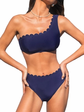 CUPSHE Women's Bikini Sets Two Piece Bathing Suit One Shoulder Mid Rise Scalloped Wide Strap Back Hook