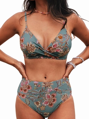 CUPSHE Women's Bikini Sets Two Piece Swimsuit High Waisted V Neck Twist Front Adjustable Spaghetti Straps Bathing Suit