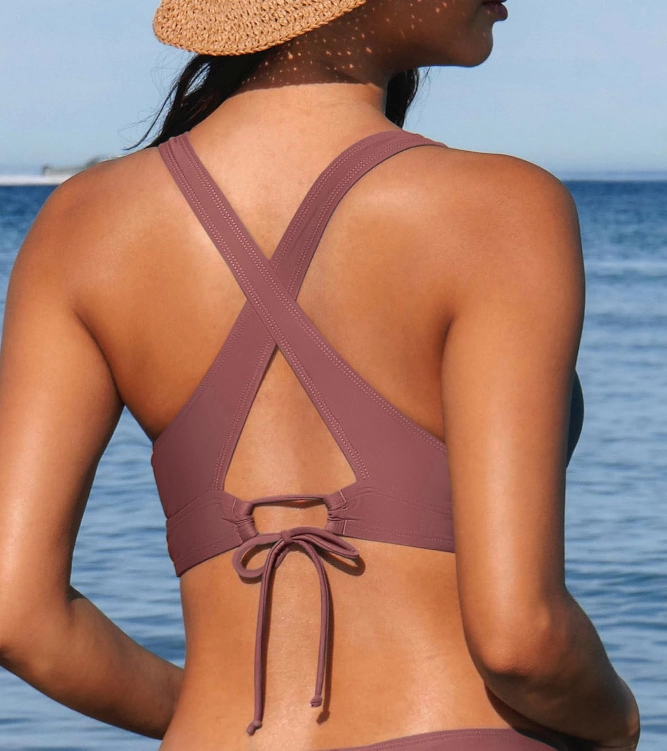 CUPSHE Women's Bikini Top V Neck Triangle Top Wide Straps Cross Back Lace up