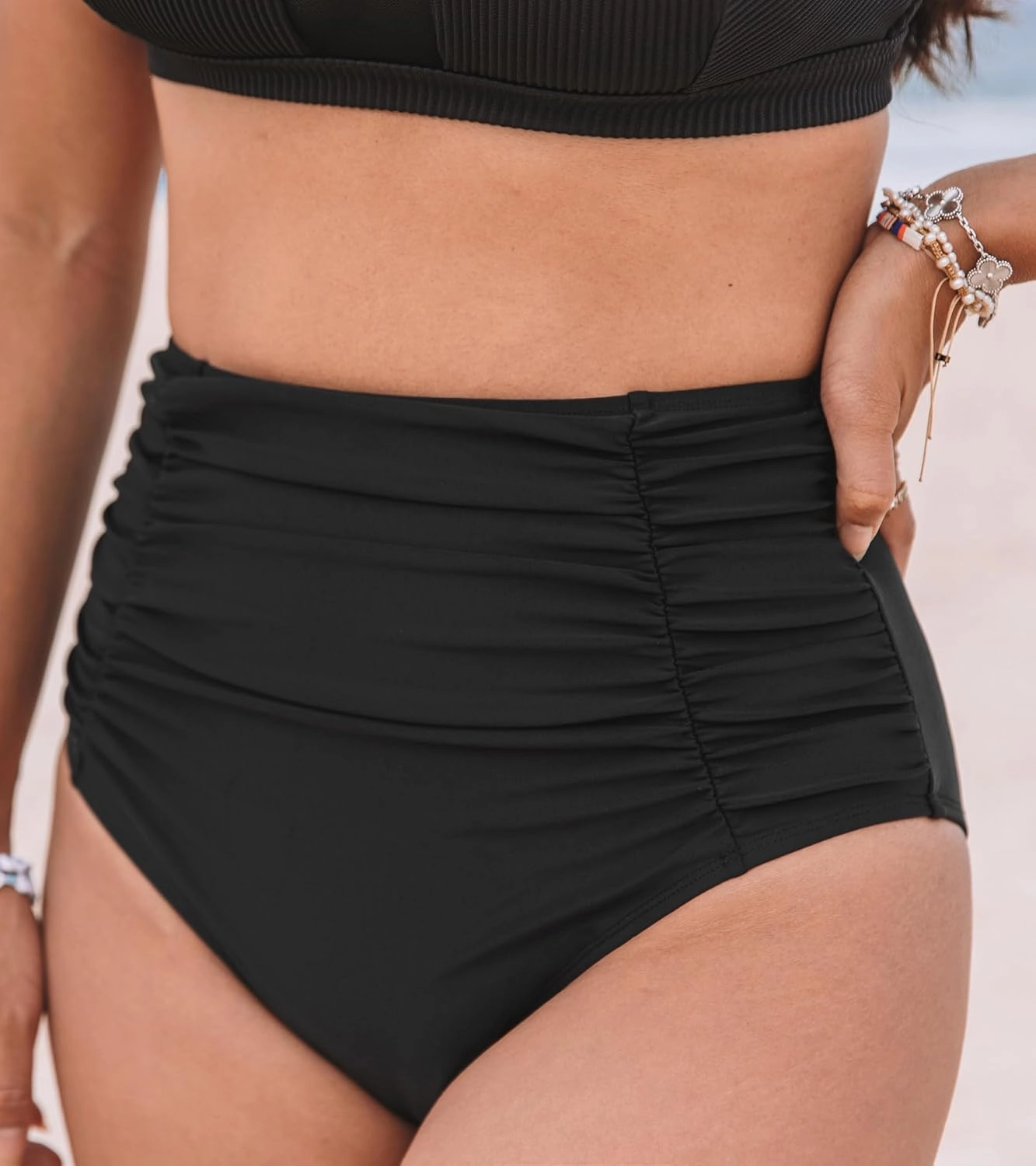 CUPSHE Women's High Wasited Bikini Bottom Shirred Tummy Control Swimsuit Full Coverage Retro Swim Bottom(XS-4XL)