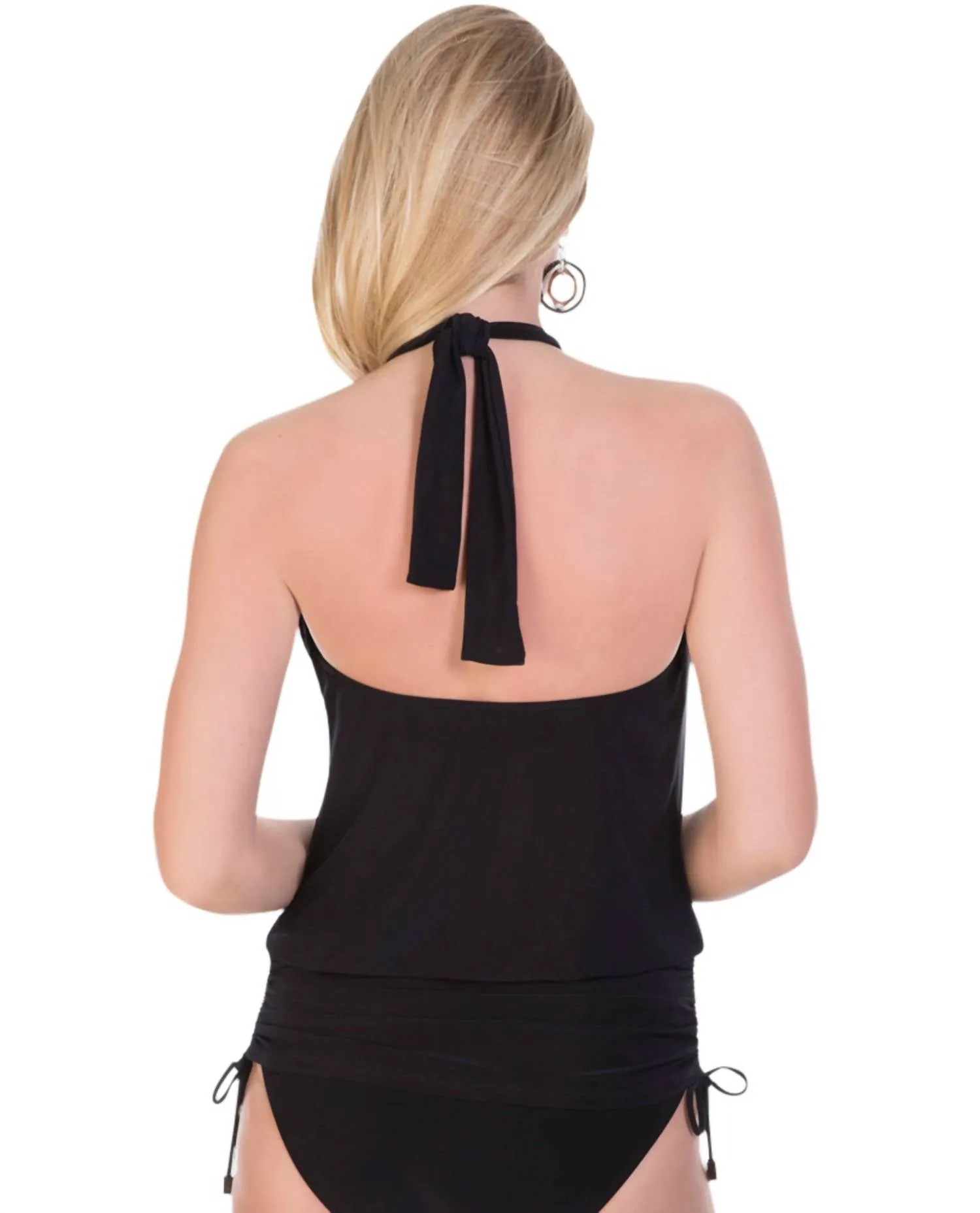 Cybil High Neck Halter Underwire Side Tie Blouson Tankini Top In Black