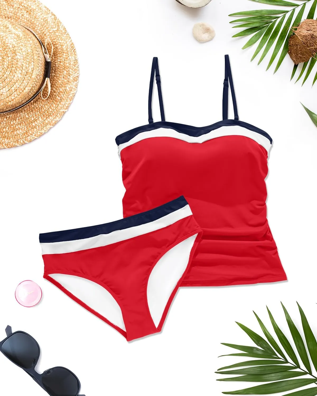 Daci Bandeau Tankini Swimsuits for Women - Two Piece Ruched Tummy Control Bathing Suit Strapless Swimwear with Bottom