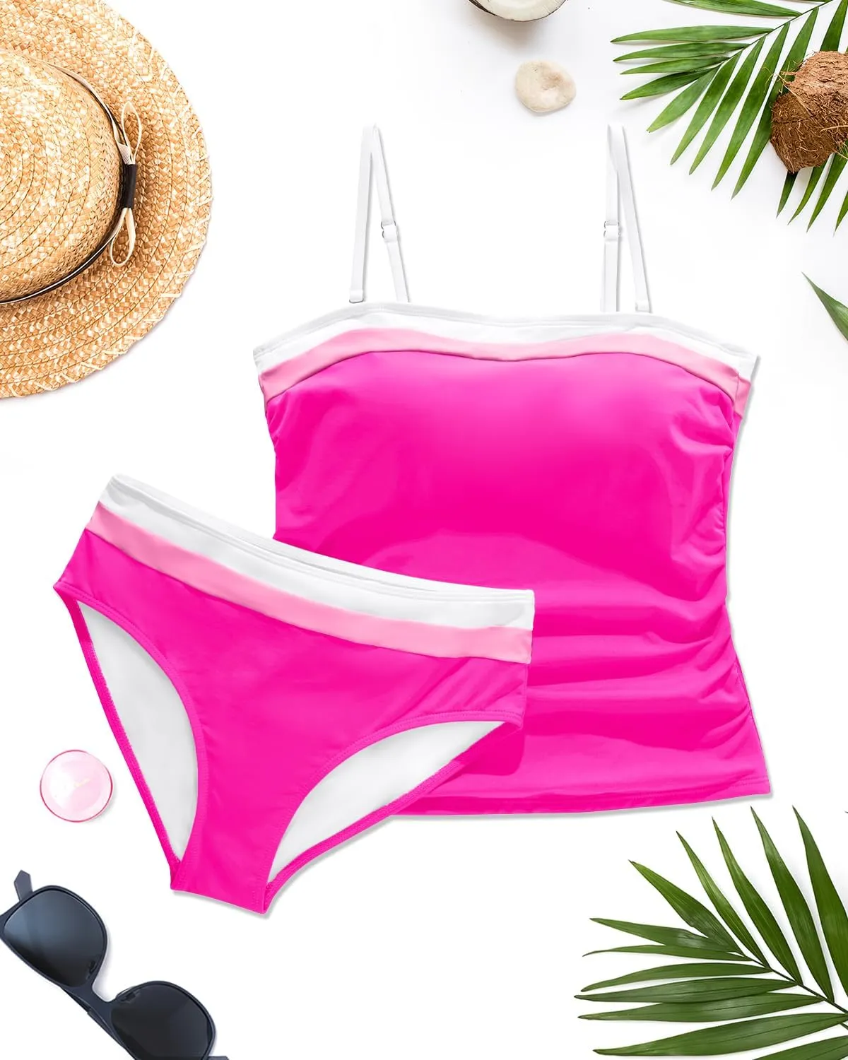 Daci Bandeau Tankini Swimsuits for Women - Two Piece Ruched Tummy Control Bathing Suit Strapless Swimwear with Bottom