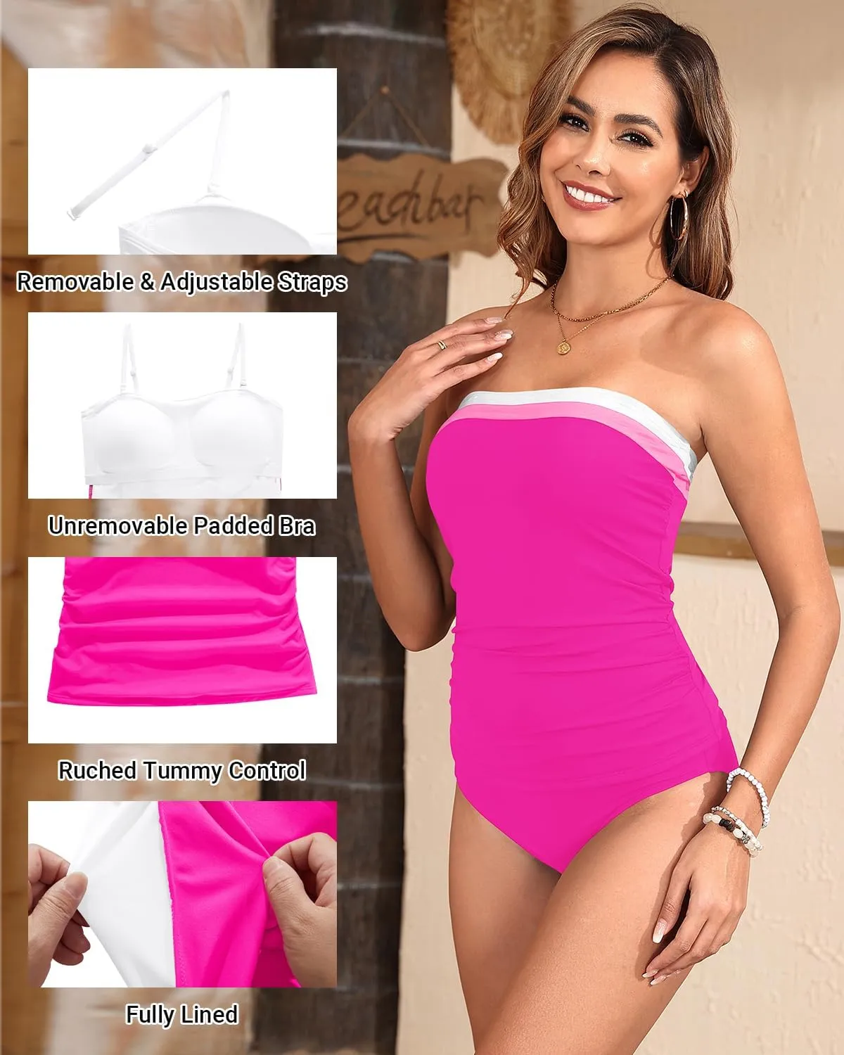 Daci Bandeau Tankini Swimsuits for Women - Two Piece Ruched Tummy Control Bathing Suit Strapless Swimwear with Bottom