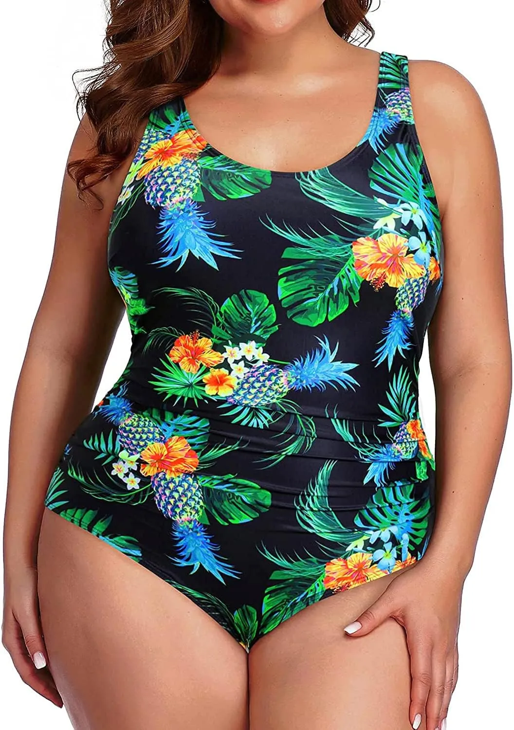 Daci Women Plus Size One Piece Swimsuit Athletic Tummy Control Ruched Bathing Suit with U-Back