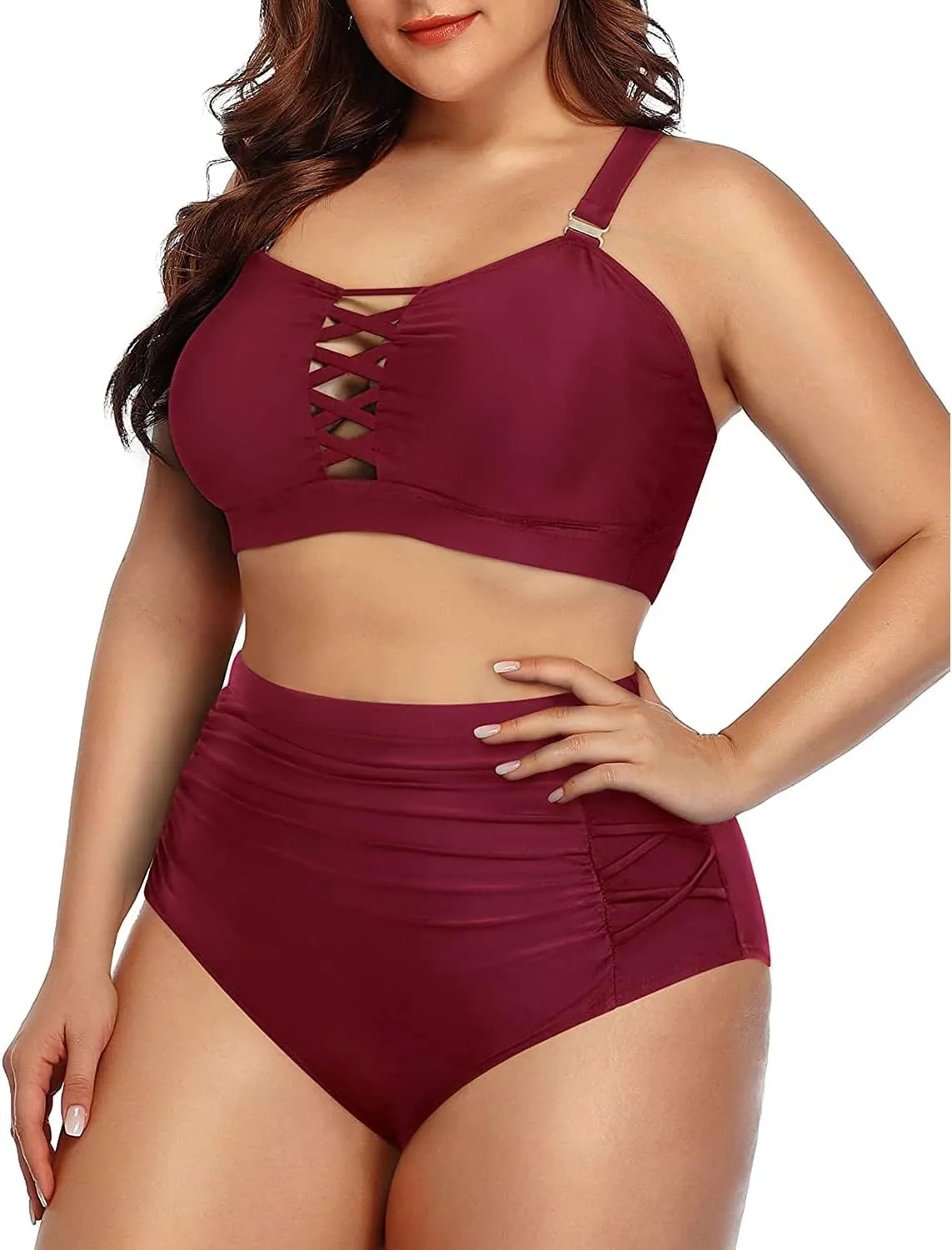 Daci Women Plus Size Two Piece Swimsuit - High Waisted Bikini Tummy Control Bathing Suit Bandeau Swimwear