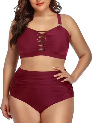 Daci Women Plus Size Two Piece Swimsuit - High Waisted Bikini Tummy Control Bathing Suit Bandeau Swimwear
