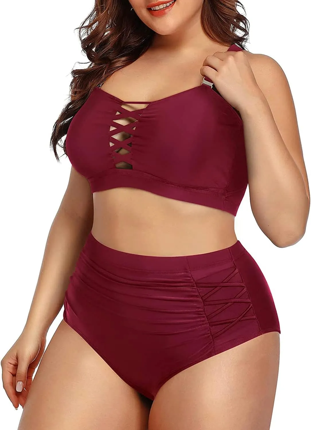Daci Women Plus Size Two Piece Swimsuit - High Waisted Bikini Tummy Control Bathing Suit Bandeau Swimwear