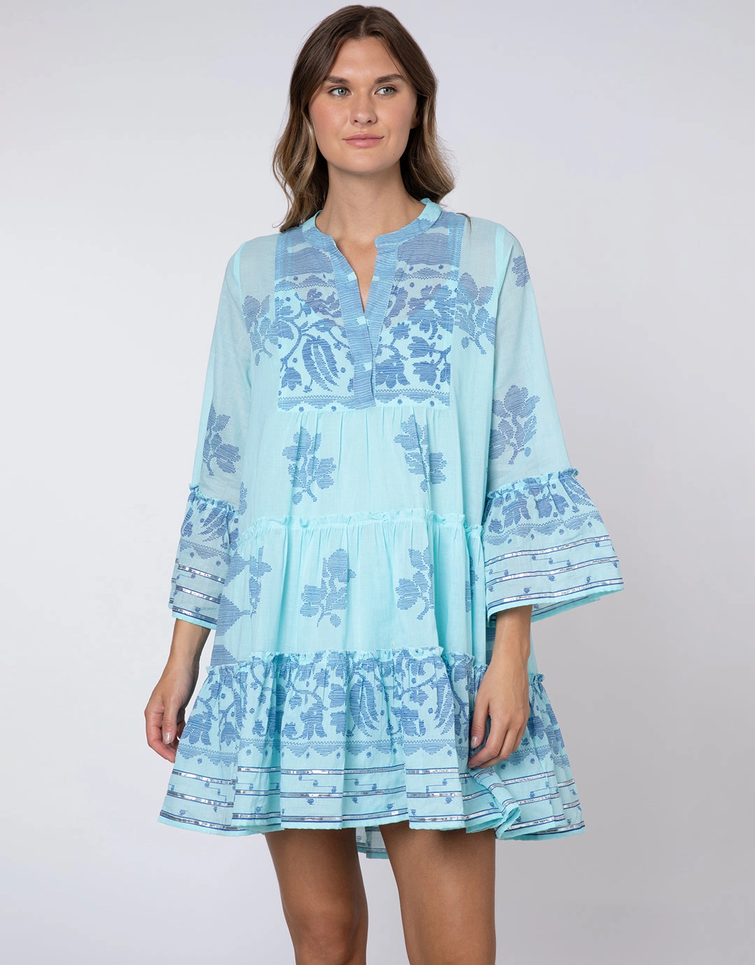 Dhaka Print Flared Sleeve Dress - Blue and Royal Blue