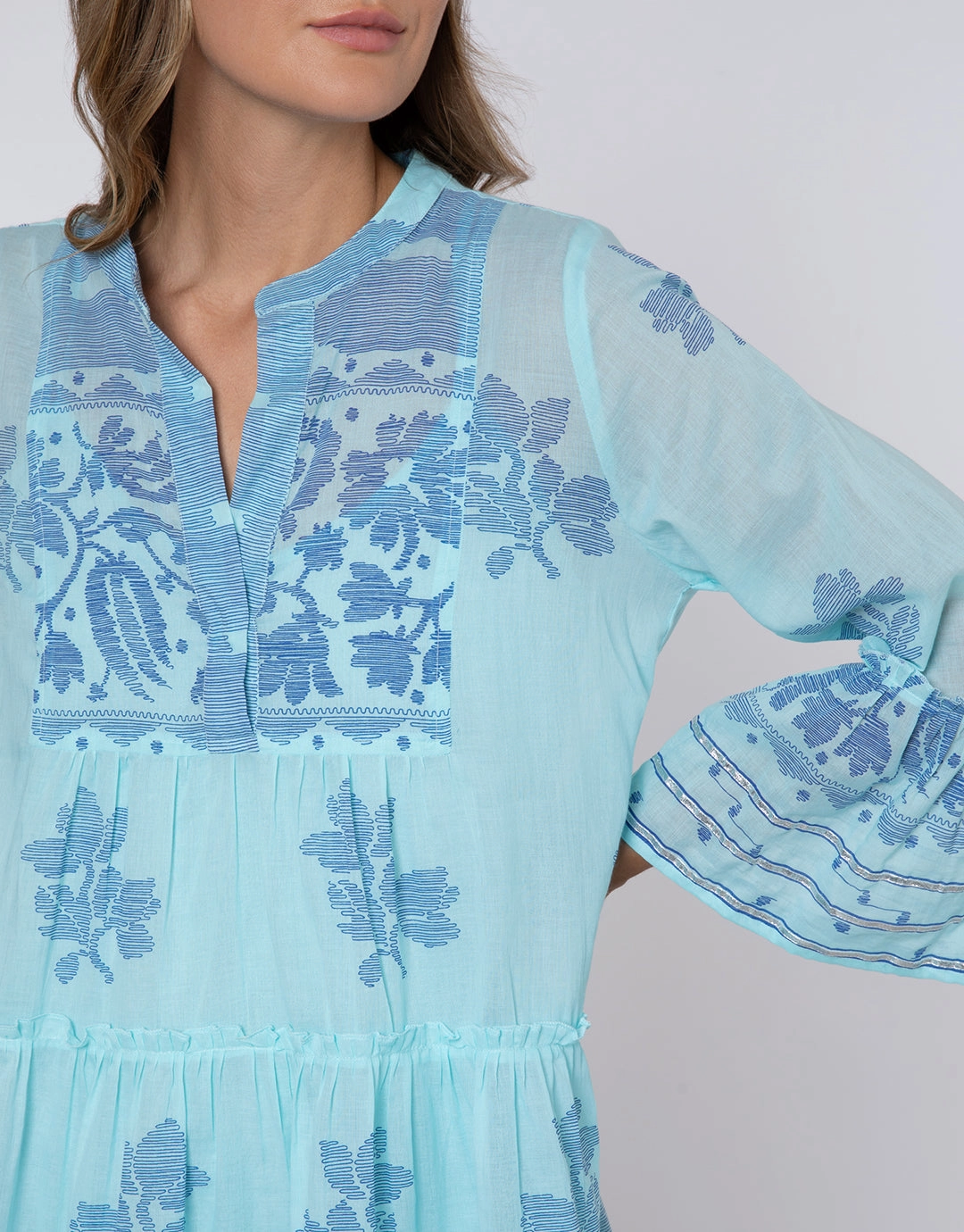 Dhaka Print Flared Sleeve Dress - Blue and Royal Blue