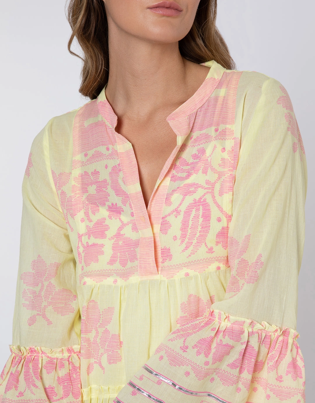 Dhaka Print Flared Sleeve Dress - Yellow and Fuchsia