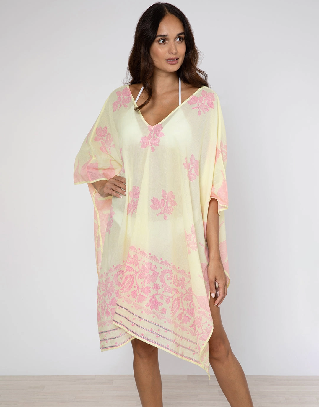 Dhaka Print Poncho - Yellow and Fuchsia