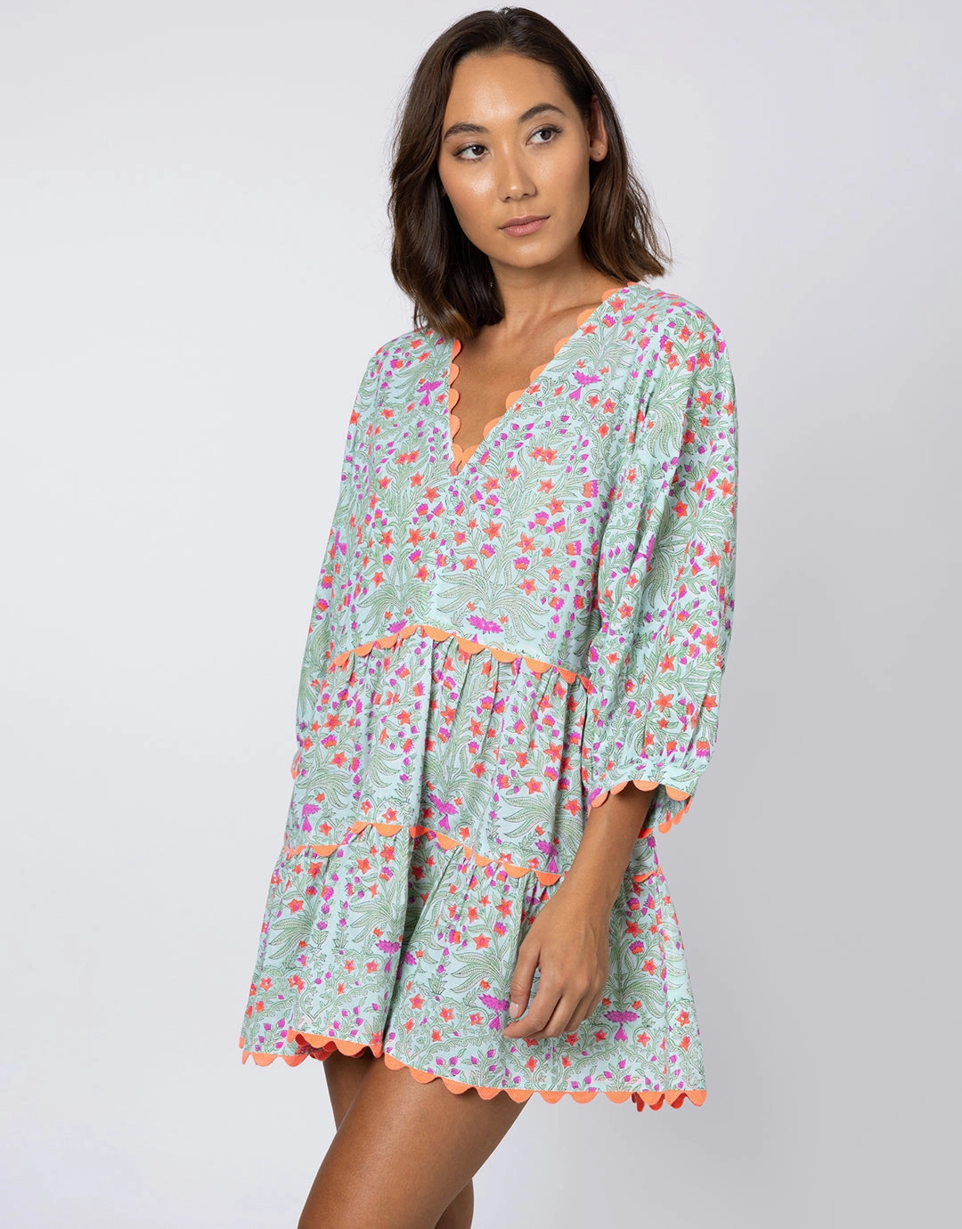 Ditsy Print V-Neck Tiered Mini Dress with Ric-Rac - Aqua and Neon Red