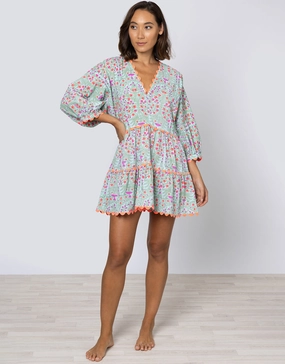 Ditsy Print V-Neck Tiered Mini Dress with Ric-Rac - Aqua and Neon Red