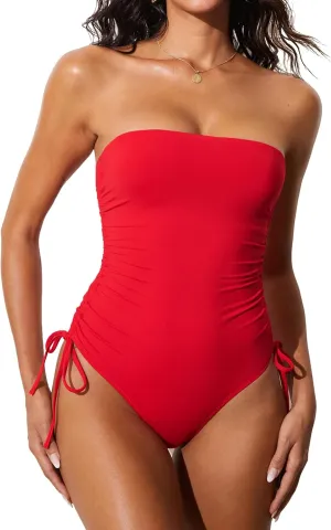 DOBREVA Women's One Piece Swimsuit Strapless Bandeau Bathing Suits Tummy Control Ruched Lined Slimming Halter Swimwear