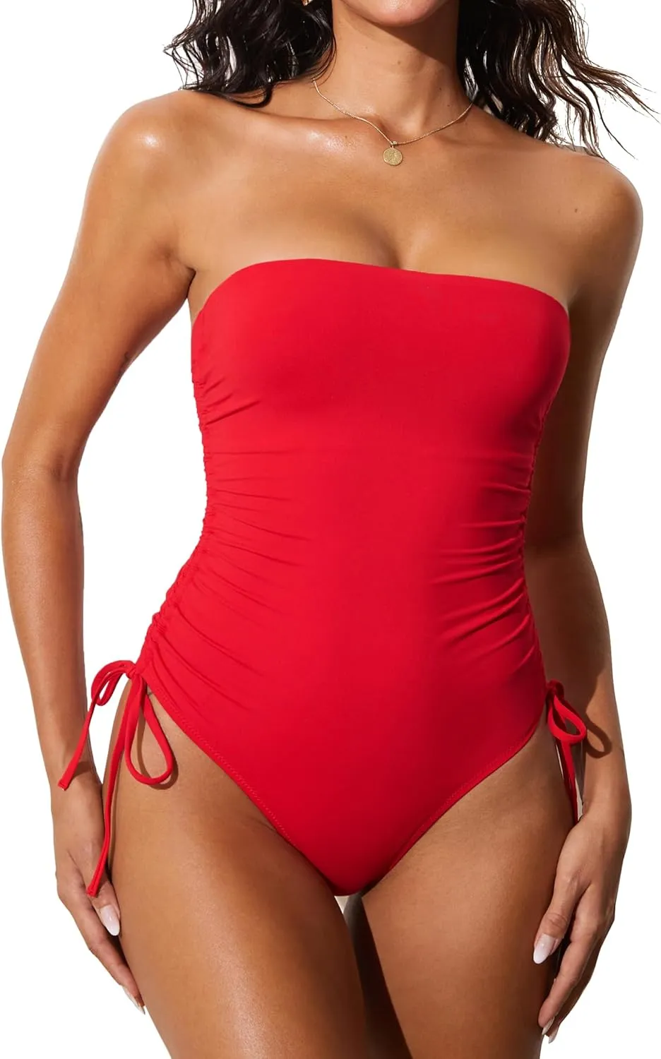 DOBREVA Women's One Piece Swimsuit Strapless Bandeau Bathing Suits Tummy Control Ruched Lined Slimming Halter Swimwear