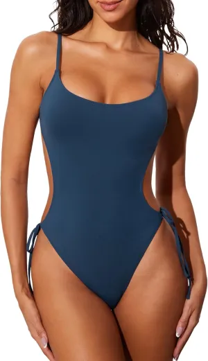 DOBREVA Women's One Piece Swimsuit Strappy Backless Bathing Suit Cut Out Lined Scoop Neck Adjustable Straps Swimwear