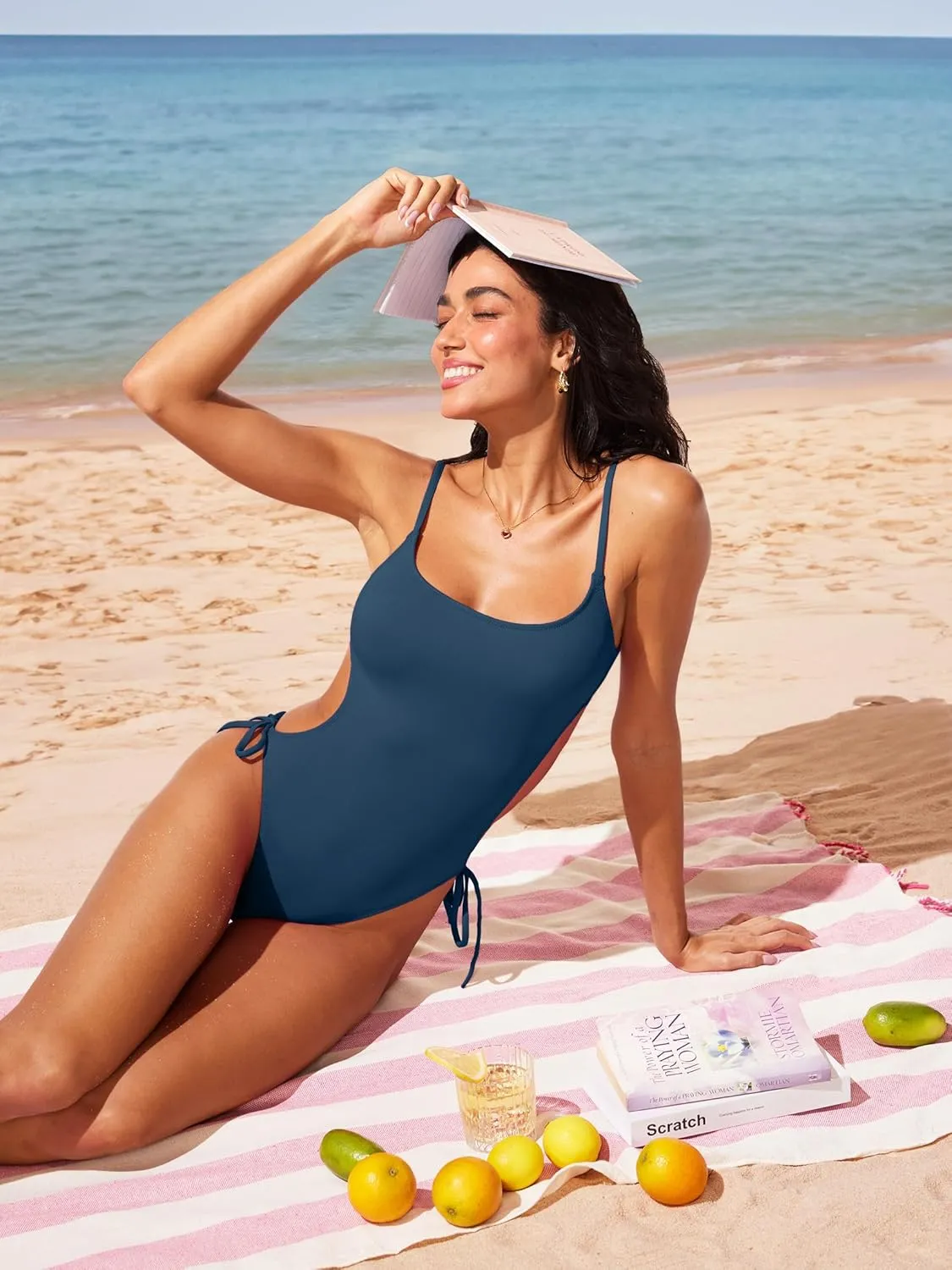 DOBREVA Women's One Piece Swimsuit Strappy Backless Bathing Suit Cut Out Lined Scoop Neck Adjustable Straps Swimwear