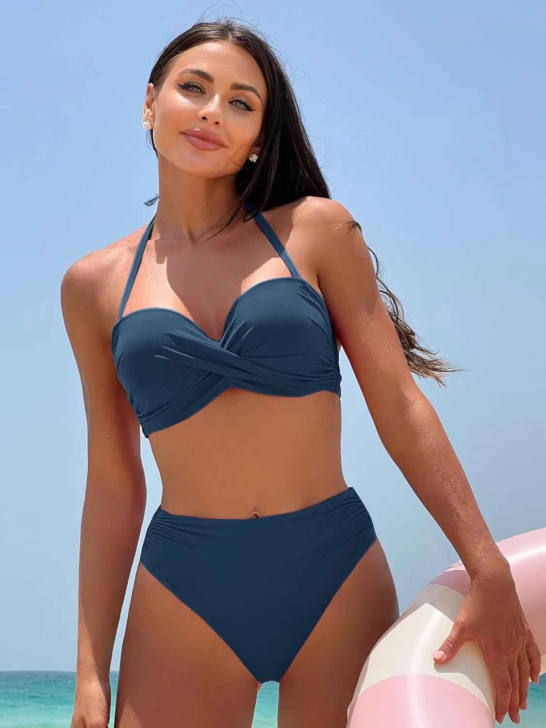 DOBREVA Women's Underwire Bandeau Bikini Top Sexy Strapless Bathing Suit Tops Halter Swimwear - Bra Sizes