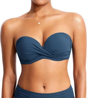 DOBREVA Women's Underwire Bandeau Bikini Top Sexy Strapless Bathing Suit Tops Halter Swimwear - Bra Sizes