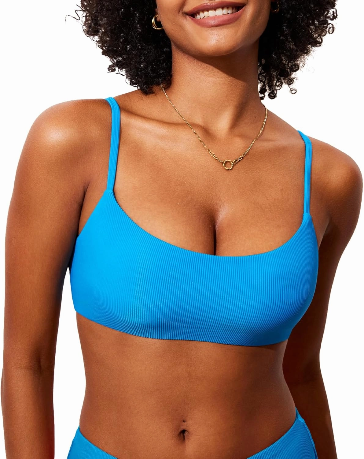 DOBREVA Women's Bikini Top Scoop Neck Bathing Suit Tops Ribbed Adjustable Straps Swimsuit Sexy Padded Swim Bra