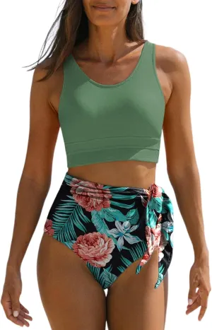 Dokotoo Womens 2 Piece Swimsuit Scoop Neck Sleeveless 2025 Racerback Top Tummy Control Tie Knot Bathing Suits Floral Bottoms