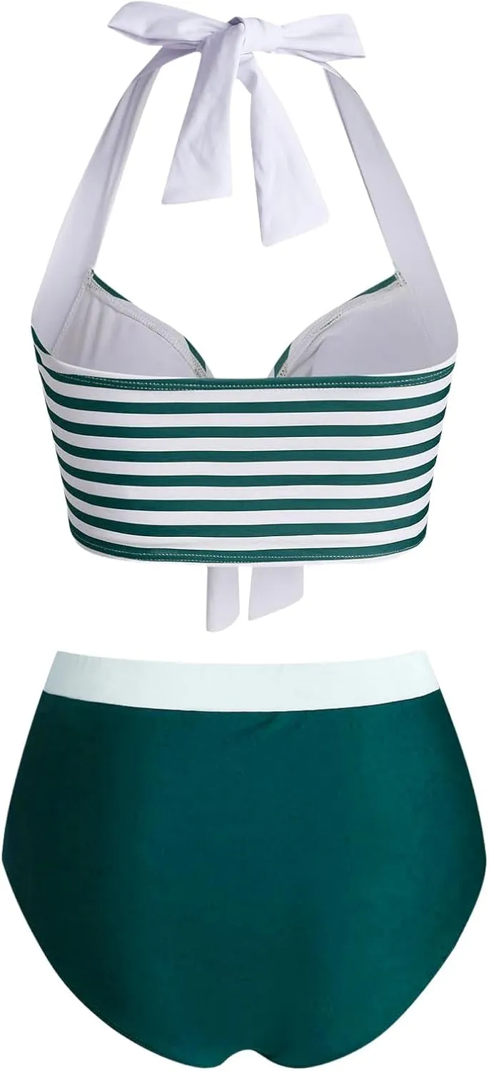 DRESSFO Women's Bikini Set American Flag Halter Two Piece High Waisted Swimsuit Stripe Vintage Tummy Control Bathing Suit
