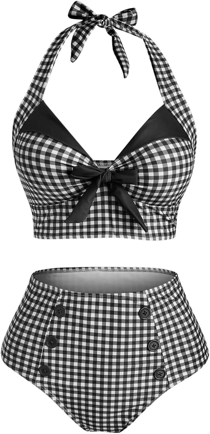 DRESSFO Women's Bikini Set Halter Two Piece High Waisted Swimsuit Plaid Retro Tummy Control Tankini Bathing Suit