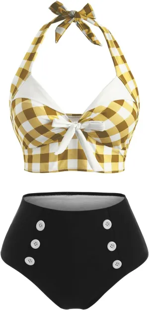 DRESSFO Women's Bikini Set Halter Two Piece High Waisted Swimsuit Plaid Retro Tummy Control Tankini Bathing Suit