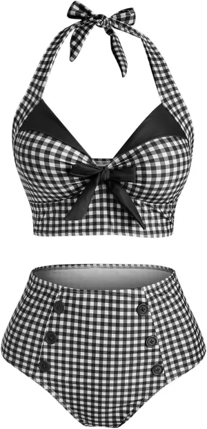 DRESSFO Women's Bikini Set Halter Two Piece High Waisted Swimsuit Plaid Retro Tummy Control Tankini Bathing Suit