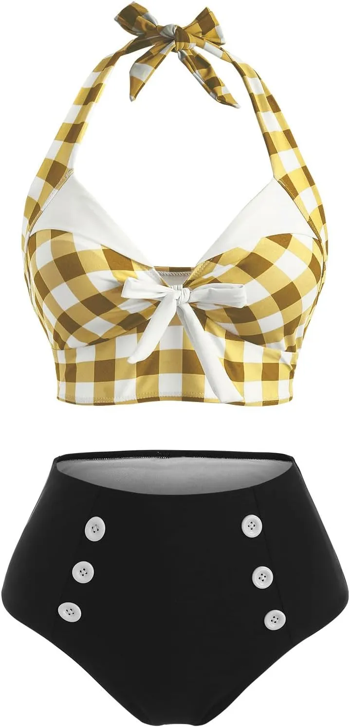 DRESSFO Women's Bikini Set Halter Two Piece High Waisted Swimsuit Plaid Retro Tummy Control Tankini Bathing Suit