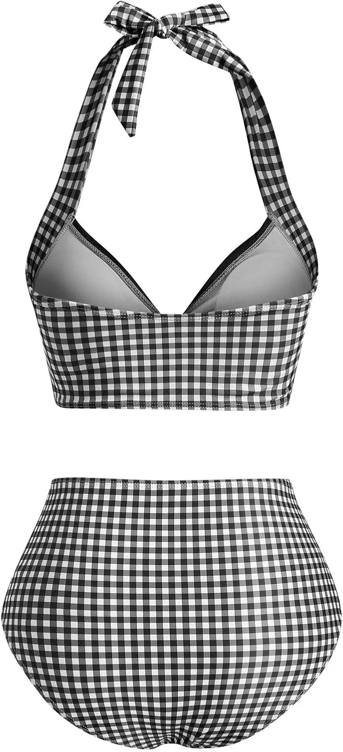 DRESSFO Women's Bikini Set Halter Two Piece High Waisted Swimsuit Plaid Retro Tummy Control Tankini Bathing Suit