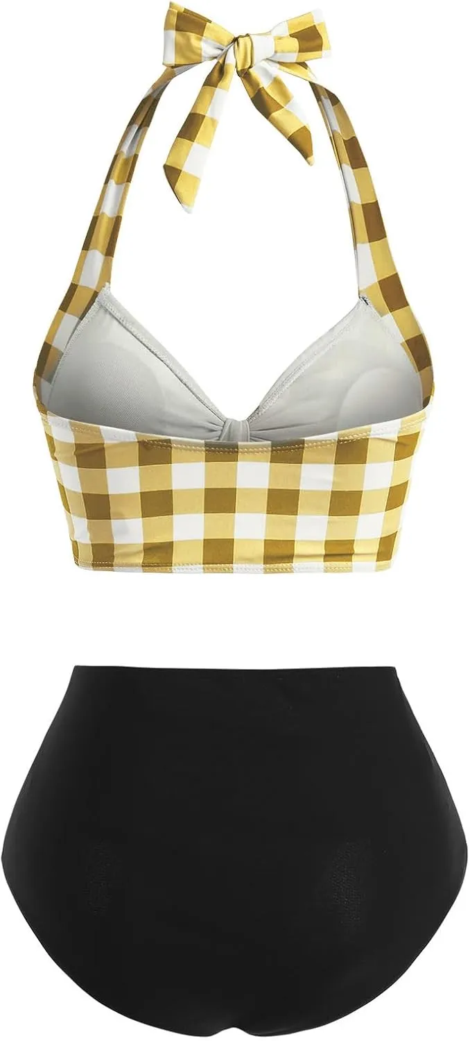 DRESSFO Women's Bikini Set Halter Two Piece High Waisted Swimsuit Plaid Retro Tummy Control Tankini Bathing Suit