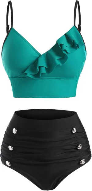 DRESSFO Women's High Waisted Bikini Sets Two Piece Padded Retro Vintage Tummy Control Swimsuit Gothic Bathing Suit