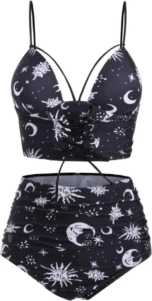 DRESSFO Women's High Waisted Bikini Sets Two Piece Padded Retro Vintage Tummy Control Swimsuit Gothic Bathing Suit