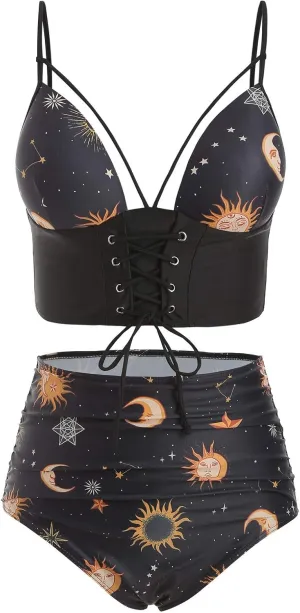 DRESSFO Women's High Waisted Bikini Sets Two Piece Padded Retro Vintage Tummy Control Swimsuit Gothic Bathing Suit
