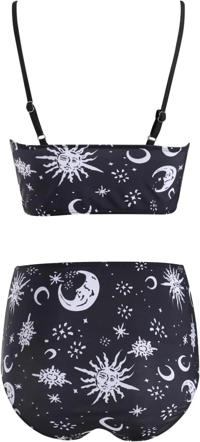 DRESSFO Women's High Waisted Bikini Sets Two Piece Padded Retro Vintage Tummy Control Swimsuit Gothic Bathing Suit