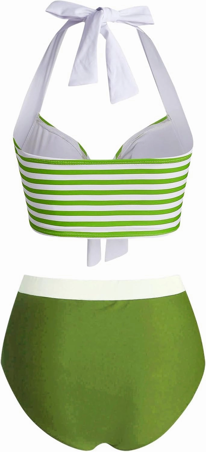 DRESSFO Women's Bikini Set American Flag Halter Two Piece High Waisted Swimsuit Stripe Vintage Tummy Control Bathing Suit