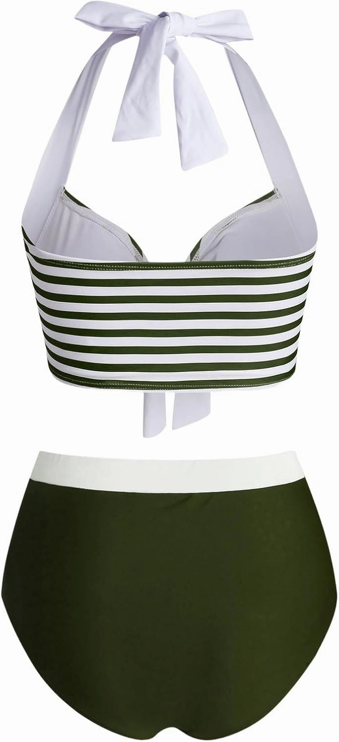 DRESSFO Women's Bikini Set American Flag Halter Two Piece High Waisted Swimsuit Stripe Vintage Tummy Control Bathing Suit