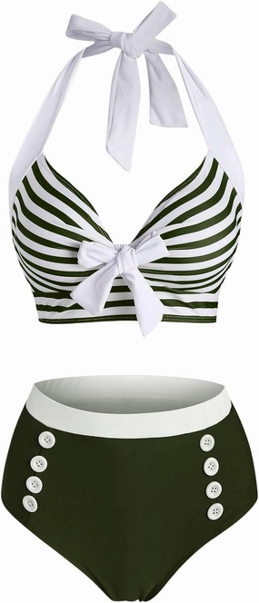 DRESSFO Women's Bikini Set American Flag Halter Two Piece High Waisted Swimsuit Stripe Vintage Tummy Control Bathing Suit