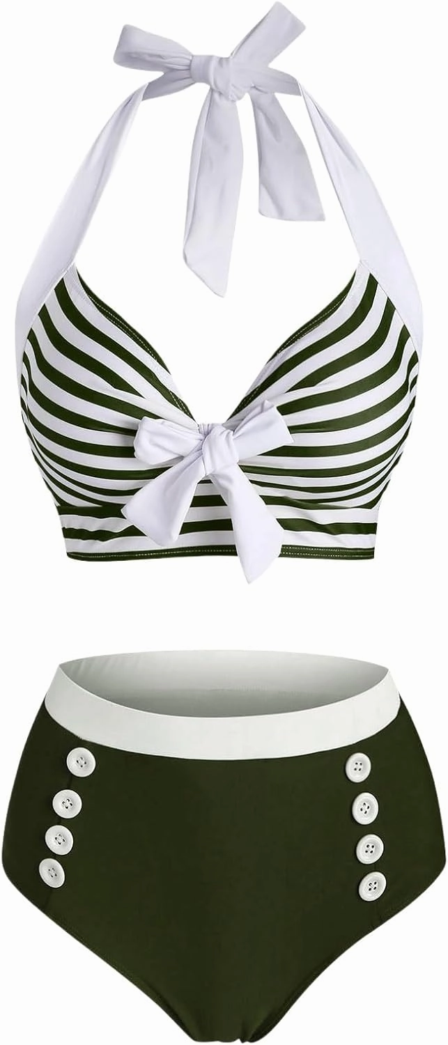 DRESSFO Women's Bikini Set American Flag Halter Two Piece High Waisted Swimsuit Stripe Vintage Tummy Control Bathing Suit