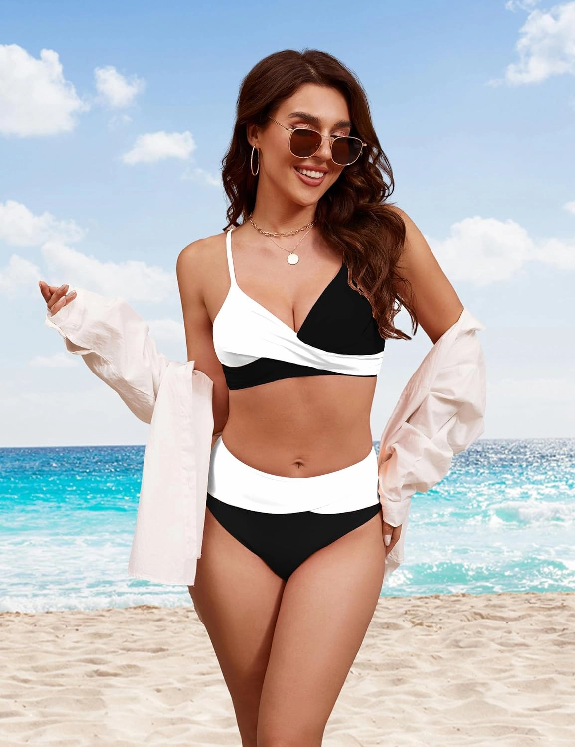 Edelqual Women's High Waisted Bikini Sets Two Piece Swimsuit Tummy Control Bathing Suit V Neck Swimwear 2025 Swim Suit
