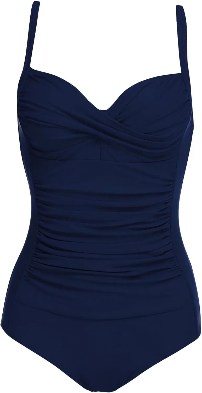 Ekouaer Women's One Piece Swimsuit Ruched Tummy Control Bathing Suits Vintage Retro Push Up Swimwear