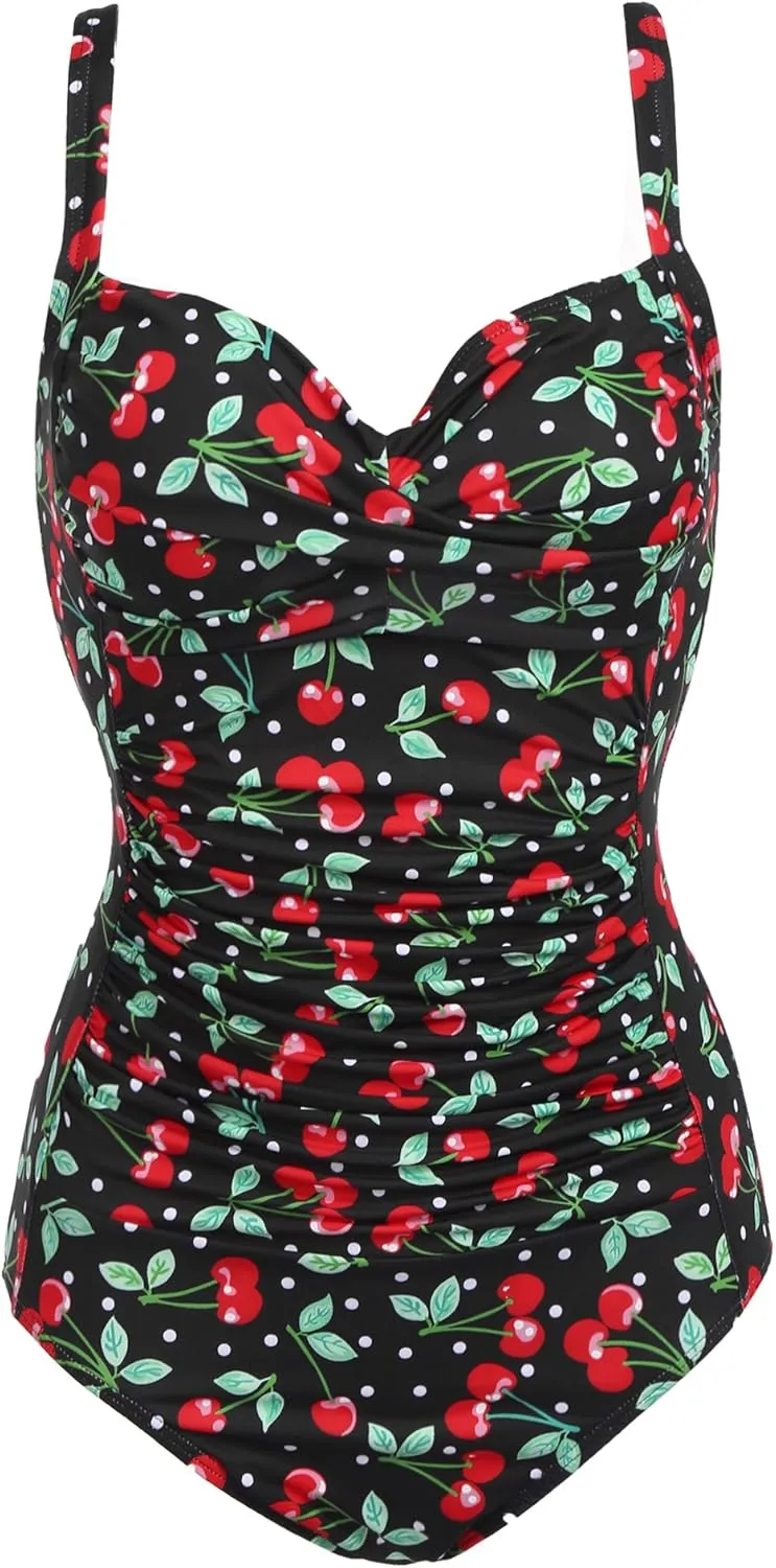Ekouaer Women's One Piece Swimsuit Ruched Tummy Control Bathing Suits Vintage Retro Push Up Swimwear