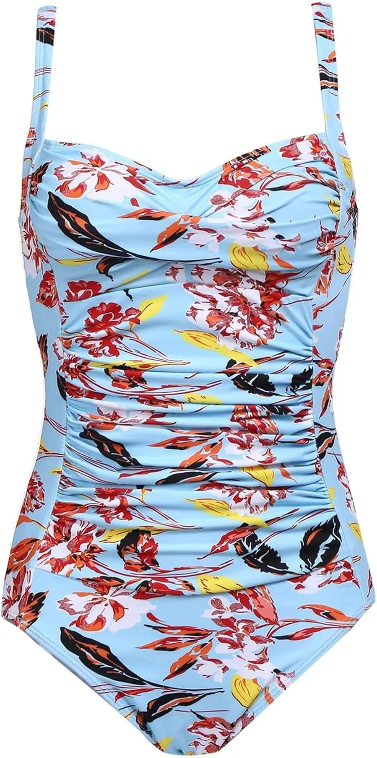 Ekouaer Women's One Piece Swimsuit Ruched Tummy Control Bathing Suits Vintage Retro Push Up Swimwear
