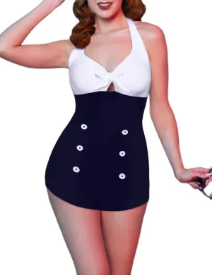 Ekouaer Womens One Piece Swimsuits Vintage Striped Skirt Bathing Suit Vintage Retro Push Up Swimwear